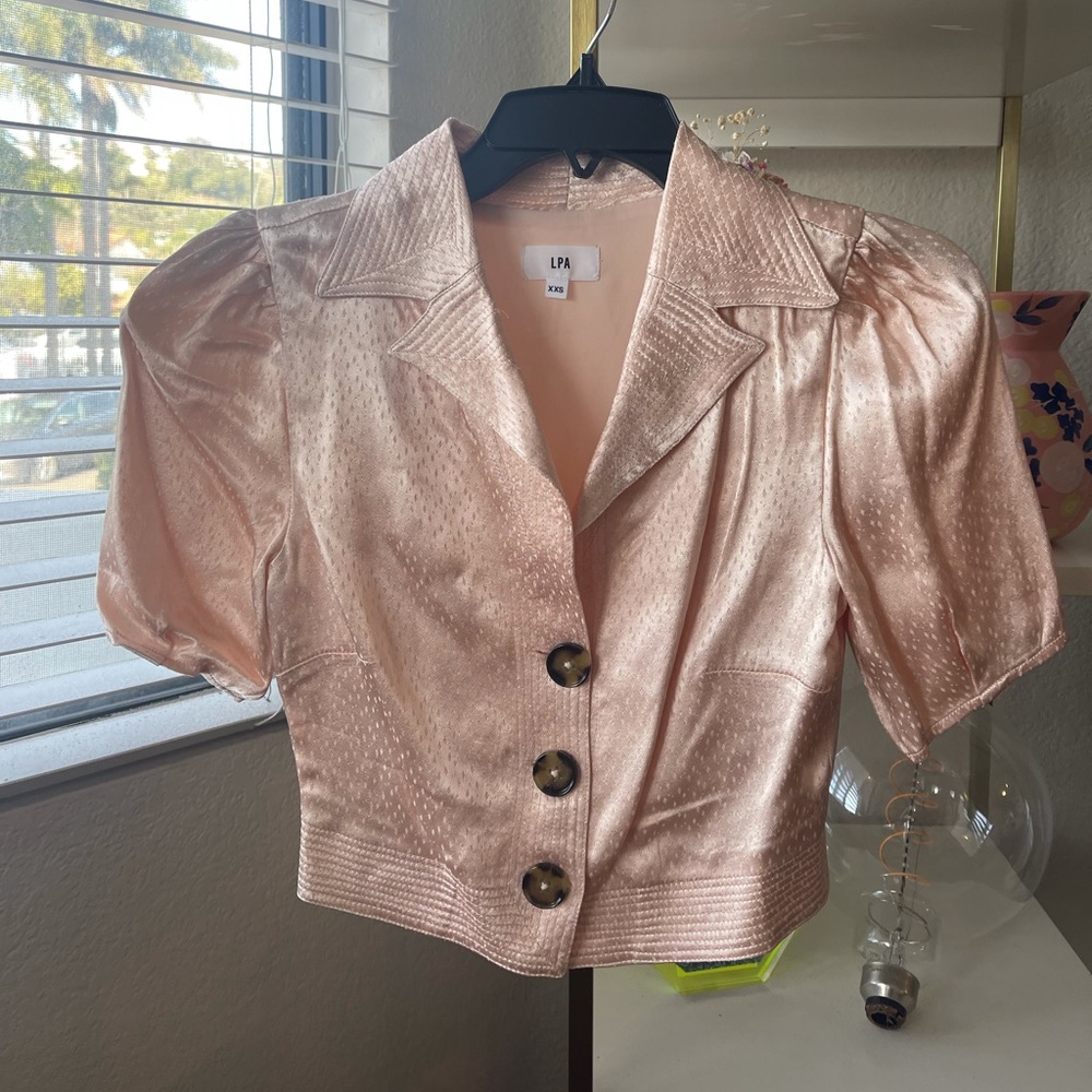 LPA light pink silk button-up blouse